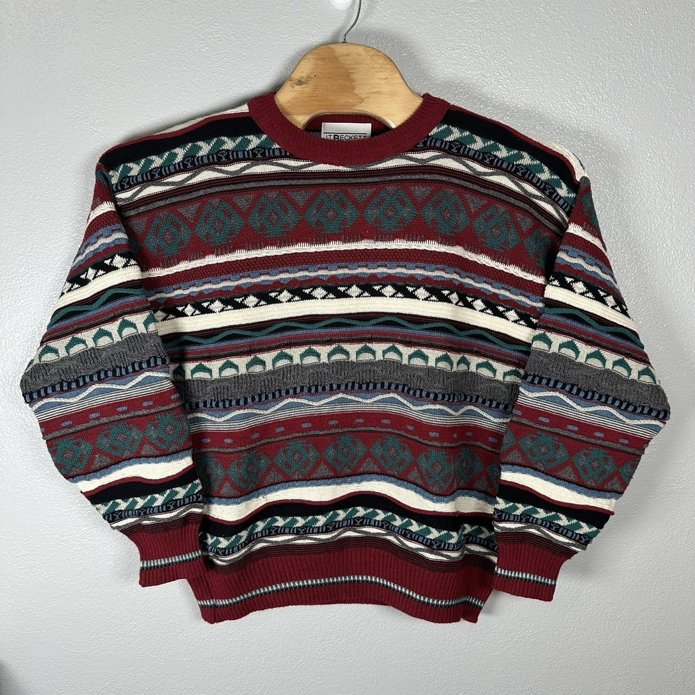 JT Beckett Vintage 90s 3D Knit Sweater Mens Sz Large Red Blue Coogi Style Italy